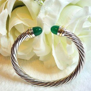 David Yurman 925 Silver Classic Diamond Cuff 14k Gold and Green Onyx - FCM168